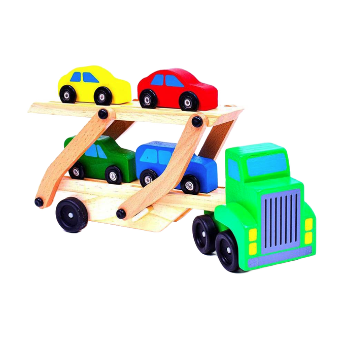 Handcrafted wooden car carrier toy truck with four colorful vehicles on two levels, designed for children's indoor play and featured among best-selling wooden toys.