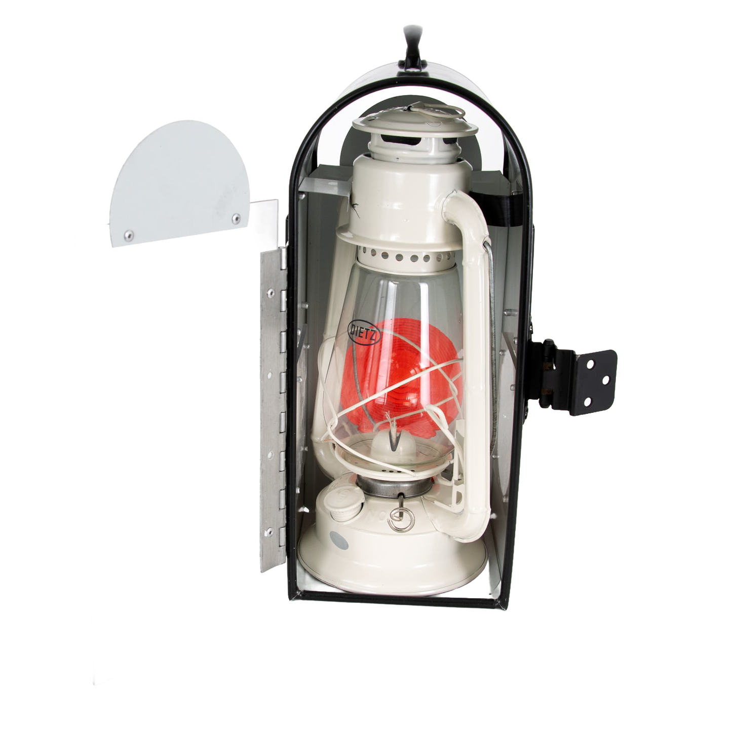 Handcrafted Amish-style oil lantern with protective metal carriage box featuring a hinged door, designed for lamps, camping, emergency supplies, and outdoor use.
