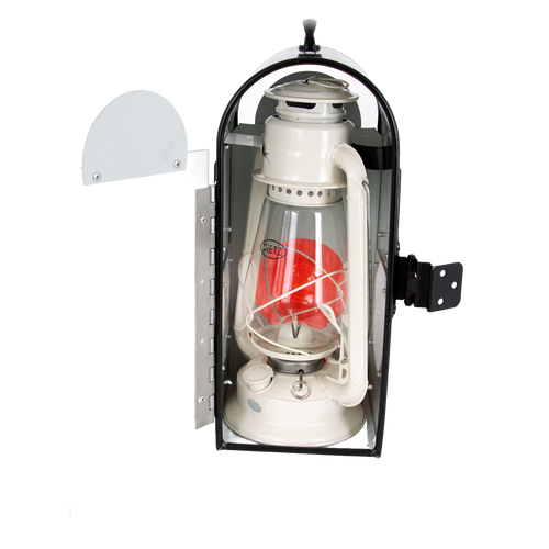 Handcrafted Amish-style oil lantern with protective metal carriage box featuring a hinged door, designed for lamps, camping, emergency supplies, and outdoor use.