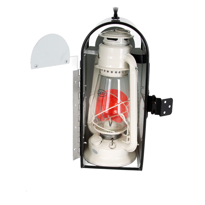 Handcrafted Amish-style oil lantern with protective metal carriage box featuring a hinged door, designed for lamps, camping, emergency supplies, and outdoor use.