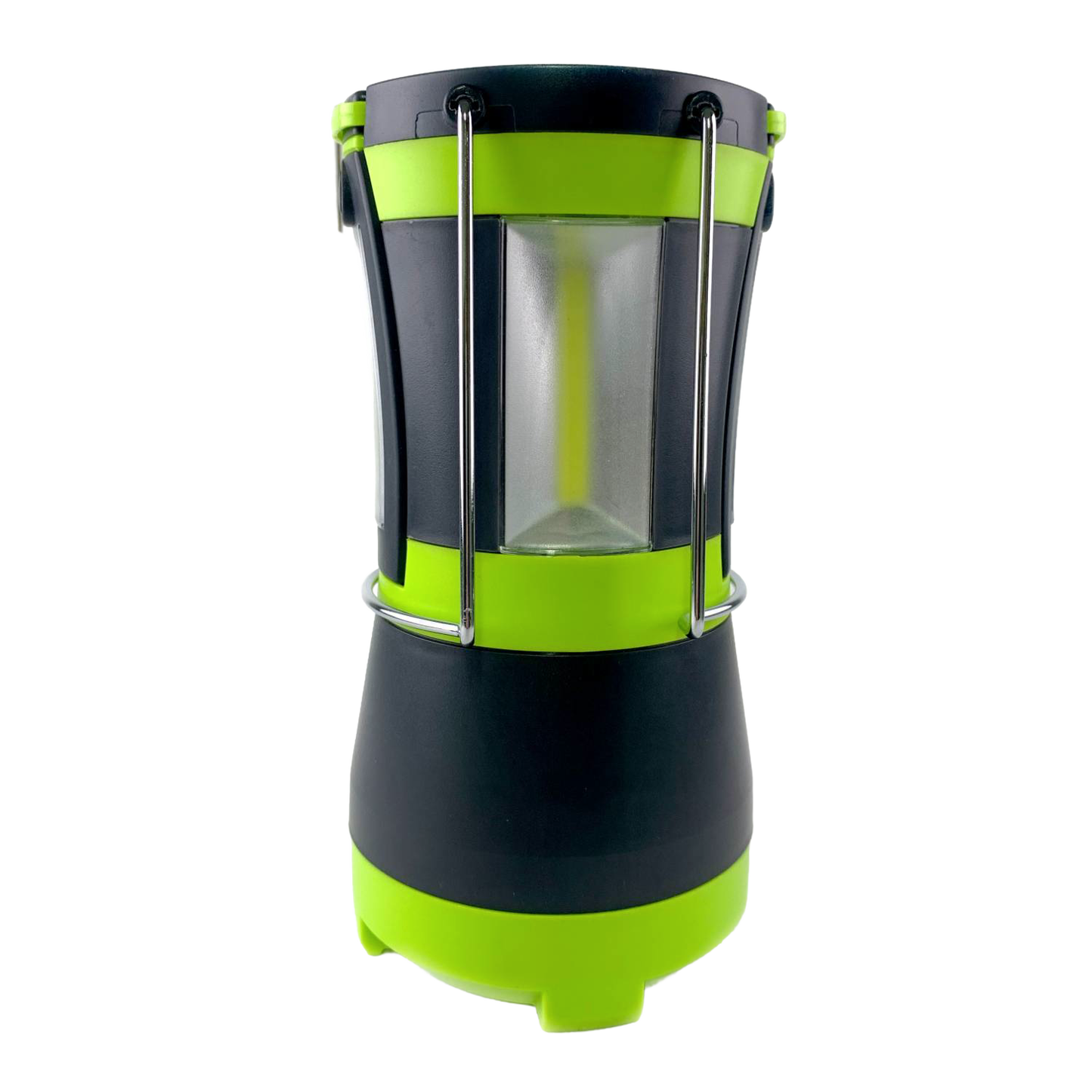 Green and black LED lantern with metal protective bars and handle, designed for versatile lighting in camping, emergency supplies, and outdoor use collections.