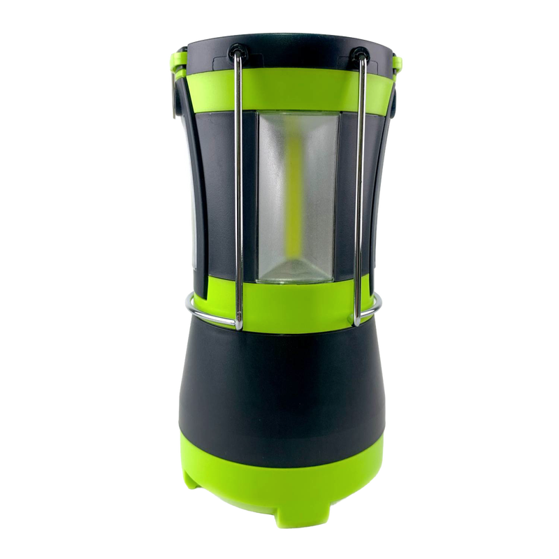 Green and black LED lantern with metal protective bars and handle, designed for versatile lighting in camping, emergency supplies, and outdoor use collections.