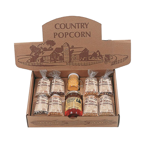Open box featuring eight small bags of handcrafted popcorn kernels and two jars of Amish-made seasoning and syrup, highlighting USA made quality for Kitchen & Food, Snacks and Sweets, Popcorn, Amish Made, and Best Sellers collections.