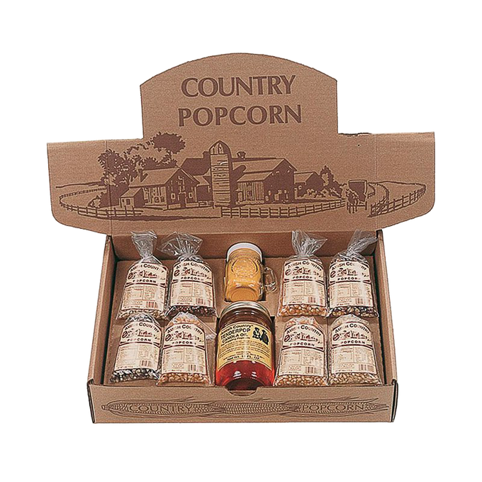 Open box featuring eight small bags of handcrafted popcorn kernels and two jars of Amish-made seasoning and syrup, highlighting USA made quality for Kitchen & Food, Snacks and Sweets, Popcorn, Amish Made, and Best Sellers collections.