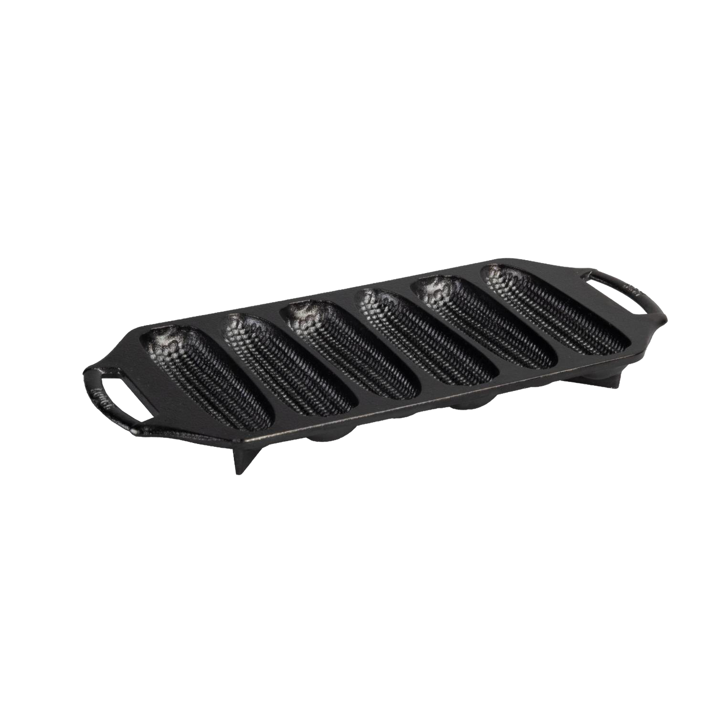 Handcrafted cast iron cornstick pan with six ear-of-corn shaped molds, dual handles for easy grip, and angled feet for oven stability, ideal for Kitchen & Food, Cast Iron, USA Made collections.