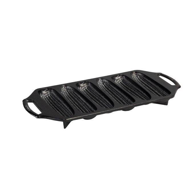 Handcrafted cast iron cornstick pan with six ear-of-corn shaped molds, dual handles for easy grip, and angled feet for oven stability, ideal for Kitchen & Food, Cast Iron, USA Made collections.