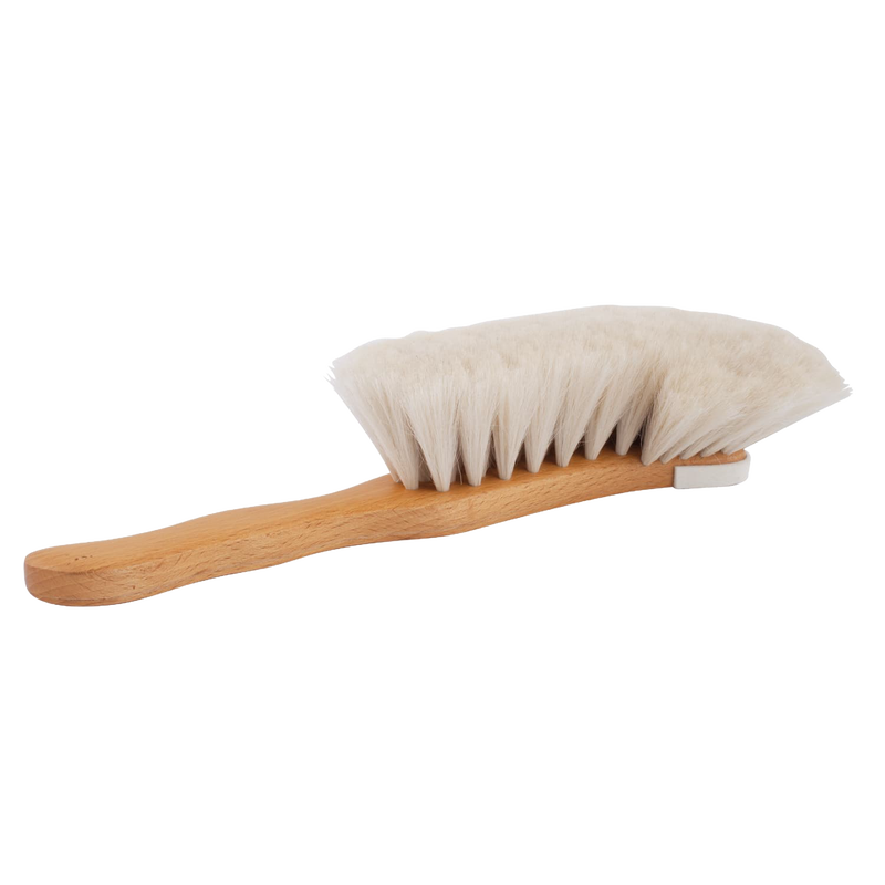 Handcrafted S-shape dust brush with soft natural goat hair bristles and smooth wooden handle, designed for gentle dusting of delicate surfaces, featured in Home & Decor and Household Cleaning collections.