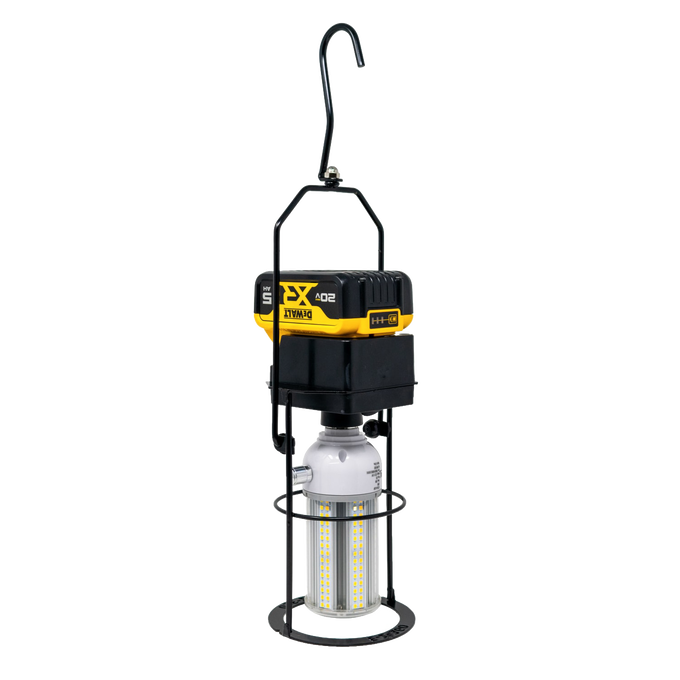 Compact hanging LED light with a push rocker switch and built-in battery adapter, compatible with Milwaukee and DeWalt batteries, featured in Lamps & Lighting, Battery, Solar, LED, and Best Sellers collections.