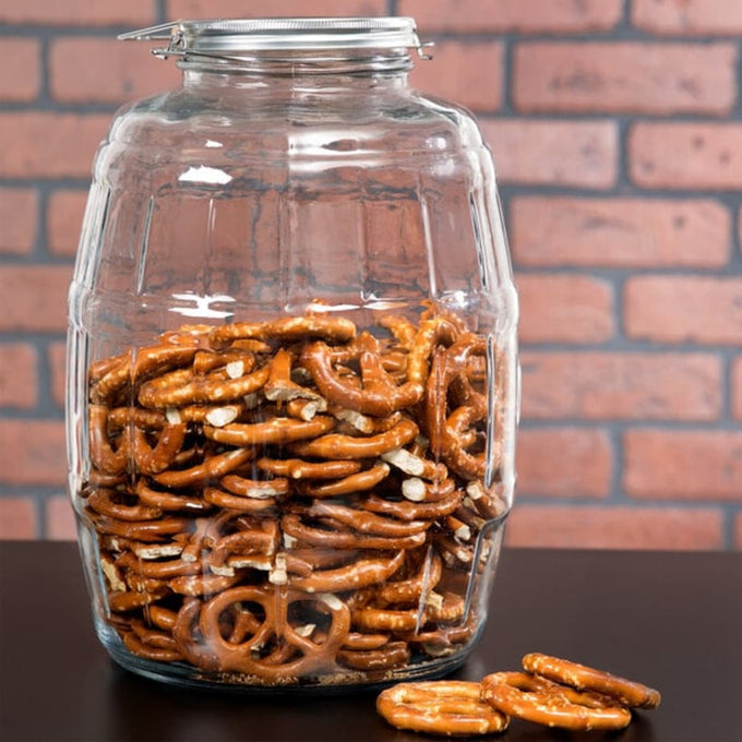 Handcrafted USA made replacement jar with metal lid and latch closure, holding pretzels, ideal for kitchen, specialty equipment, making butter, and best sellers collections.