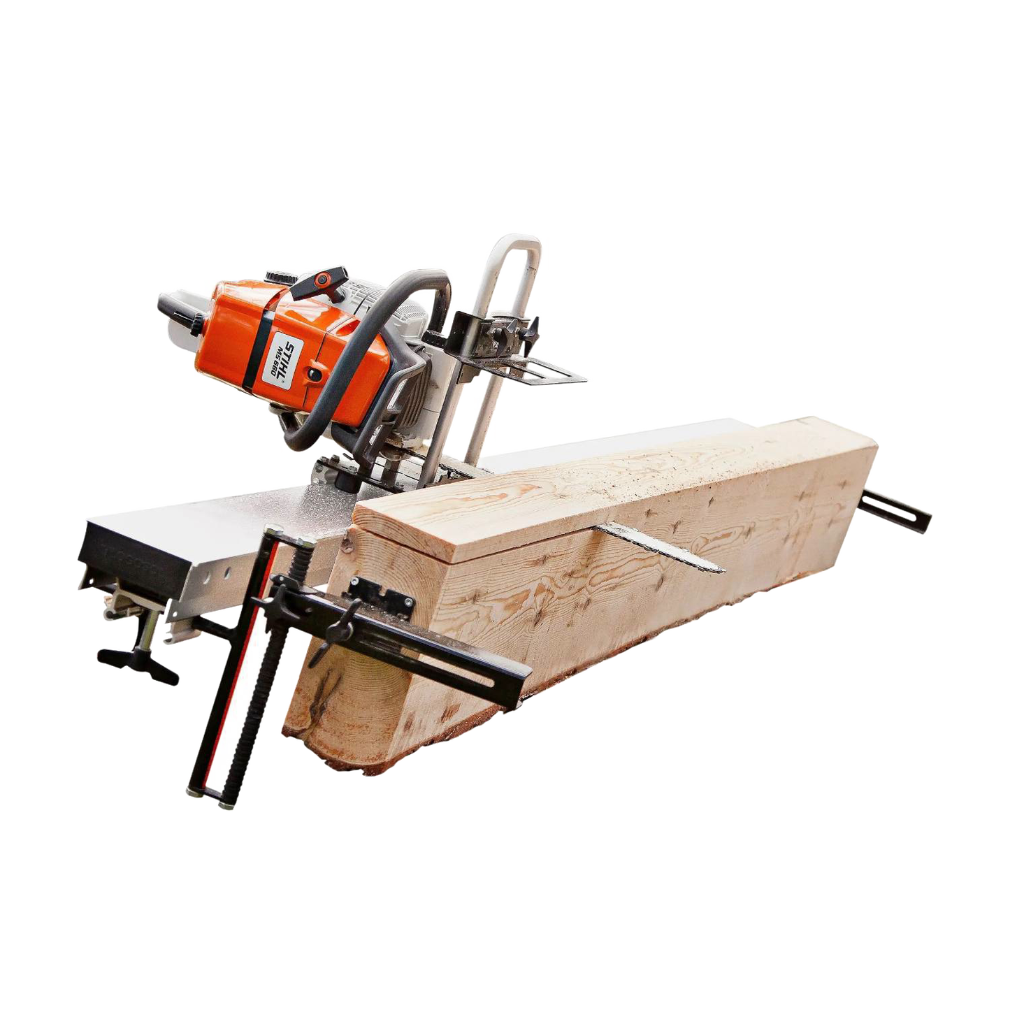 Portable orange and silver chainsaw milling setup with guide rails clamped to a large wooden log, designed for precise plank cutting in wood cutting and hauling tasks.