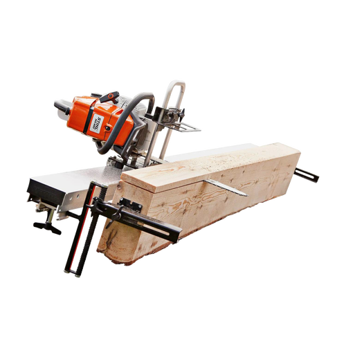 Portable orange and silver chainsaw milling setup with guide rails clamped to a large wooden log, designed for precise plank cutting in wood cutting and hauling tasks.
