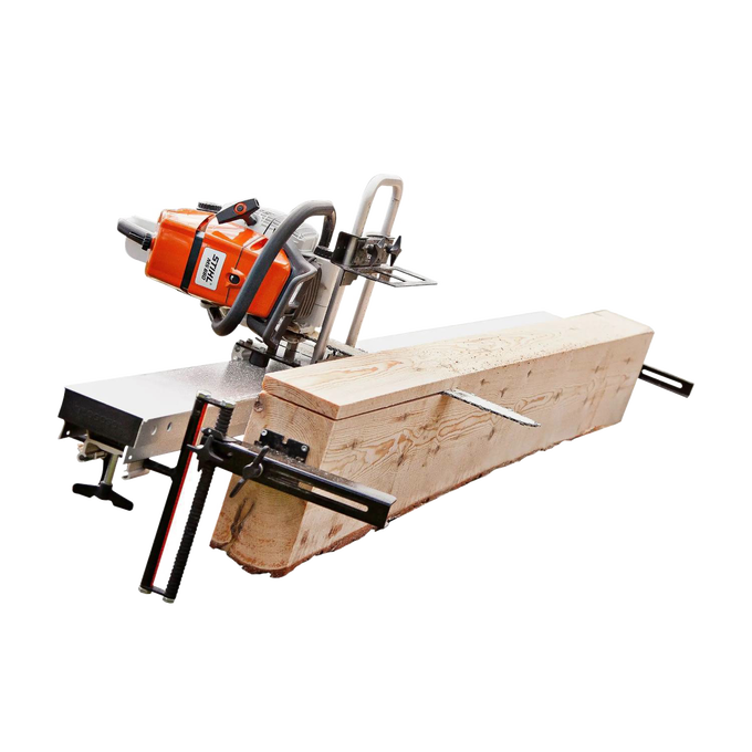 Portable orange and silver chainsaw milling setup with guide rails clamped to a large wooden log, designed for precise plank cutting in wood cutting and hauling tasks.