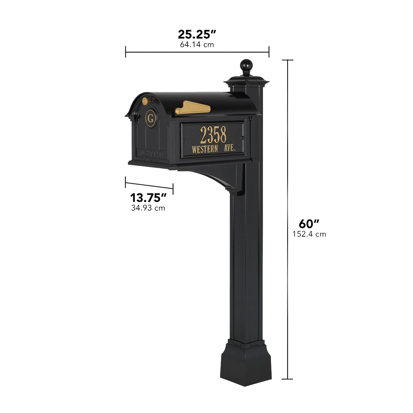 Handcrafted black and gold personalized mailbox with monogram and street address, featuring elegant detailing and sturdy design, made in USA for Home & Decor and Mailboxes collections.