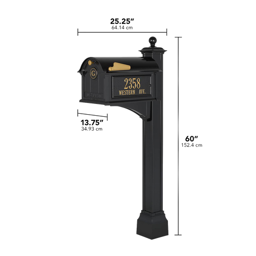 Handcrafted black and gold personalized mailbox with monogram and street address, featuring elegant detailing and sturdy design, made in USA for Home & Decor and Mailboxes collections.