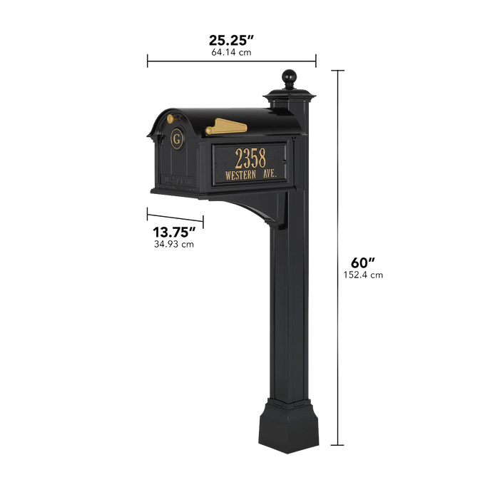 Handcrafted black and gold personalized mailbox with monogram and street address, featuring elegant detailing and sturdy design, made in USA for Home & Decor and Mailboxes collections.