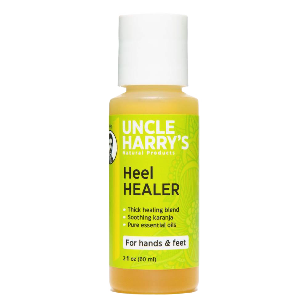 Small yellow bottle of Uncle Harry's Heel Healer with white cap, featuring thick healing blend with karanja oil and essential oils, ideal for hands and feet, USA Made, Health & Wellness.