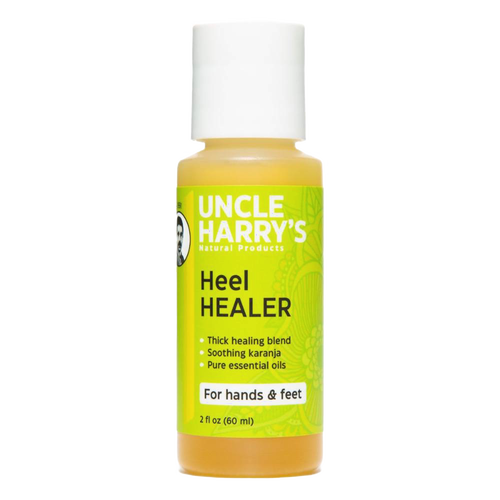 Small yellow bottle of Uncle Harry's Heel Healer with white cap, featuring thick healing blend with karanja oil and essential oils, ideal for hands and feet, USA Made, Health & Wellness.