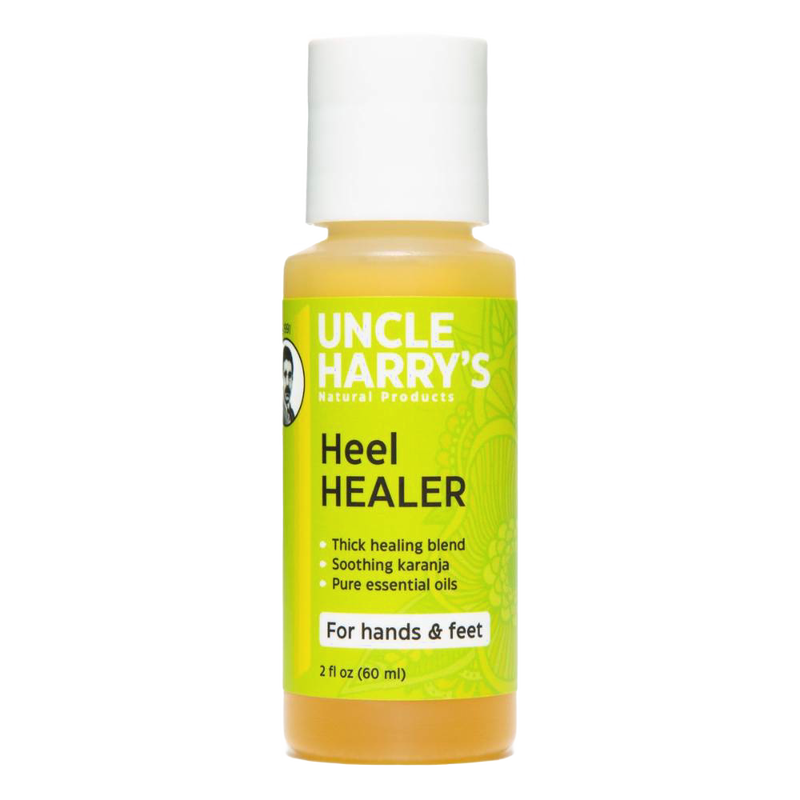 Small yellow bottle of Uncle Harry's Heel Healer with white cap, featuring thick healing blend with karanja oil and essential oils, ideal for hands and feet, USA Made, Health & Wellness.