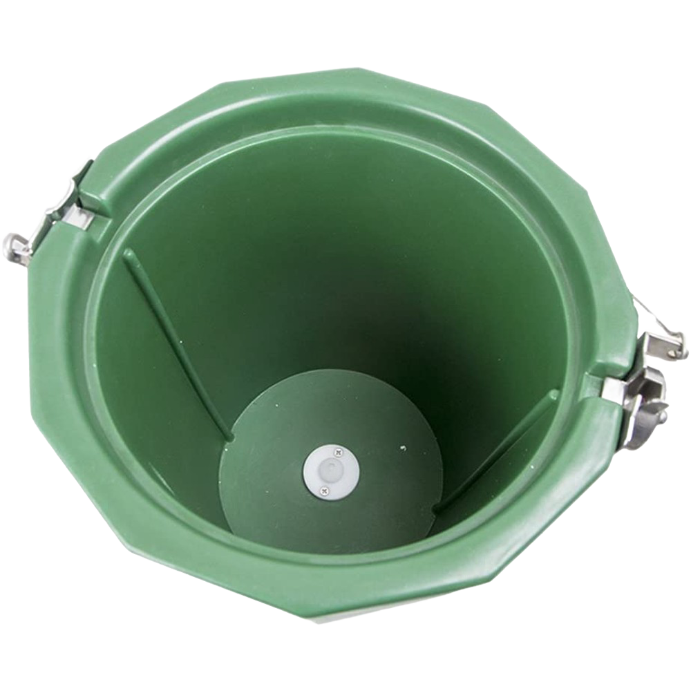 Top-down view of a green poly ice cream freezer bucket interior with metal latch clasps, handcrafted Amish made, designed for Kitchen & Food and Specialty Equipment collections.