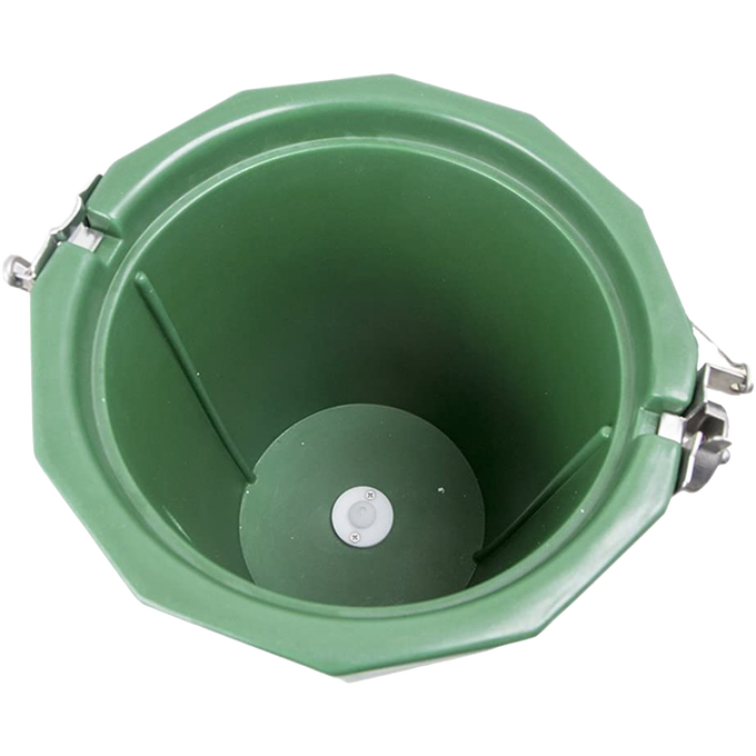 Top-down view of a green poly ice cream freezer bucket interior with metal latch clasps, handcrafted Amish made, designed for Kitchen & Food and Specialty Equipment collections.