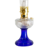 Handcrafted vintage-style oil lamp featuring a clear glass font with cobalt blue base and brass trim, ideal for Lamps & Lighting, Oil Lamps, Table Lamps, and Best Sellers collections.