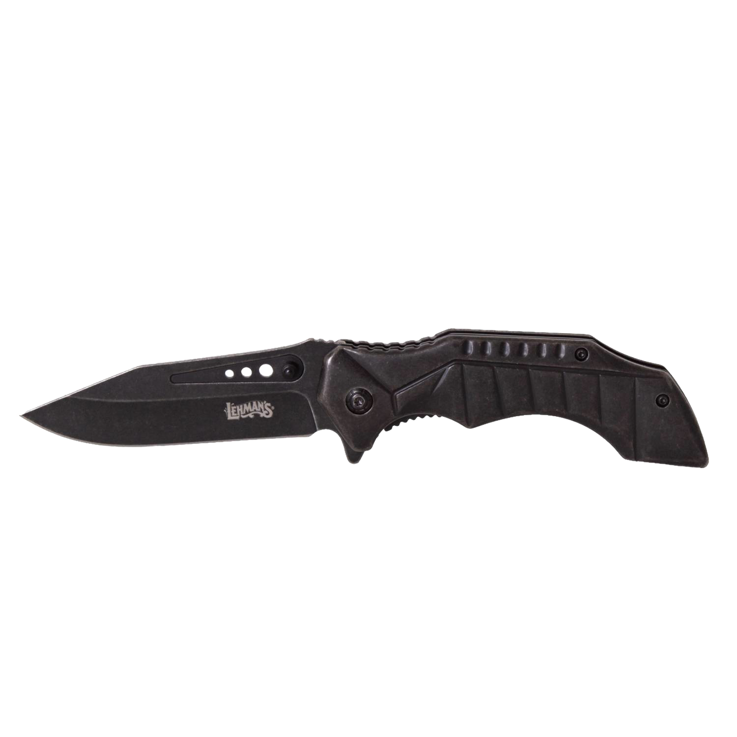 Blackened stainless steel folding knife with textured ergonomic handle and locking mechanism, designed for durability and everyday use in Farm, Garden & Tool and Best Sellers collections.