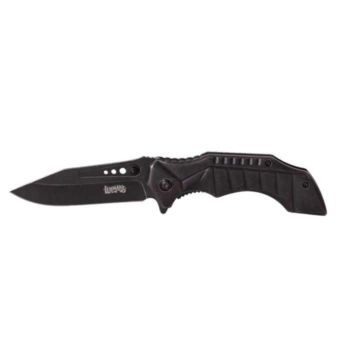 Blackened stainless steel folding knife with textured ergonomic handle and locking mechanism, designed for durability and everyday use in Farm, Garden & Tool and Best Sellers collections.