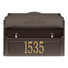 Wall-mounted bronze and gold mailbox with personalized house number 1535, handcrafted in USA, enhancing curb appeal, suitable for Home & Decor and Mailboxes and Address Signs collections.