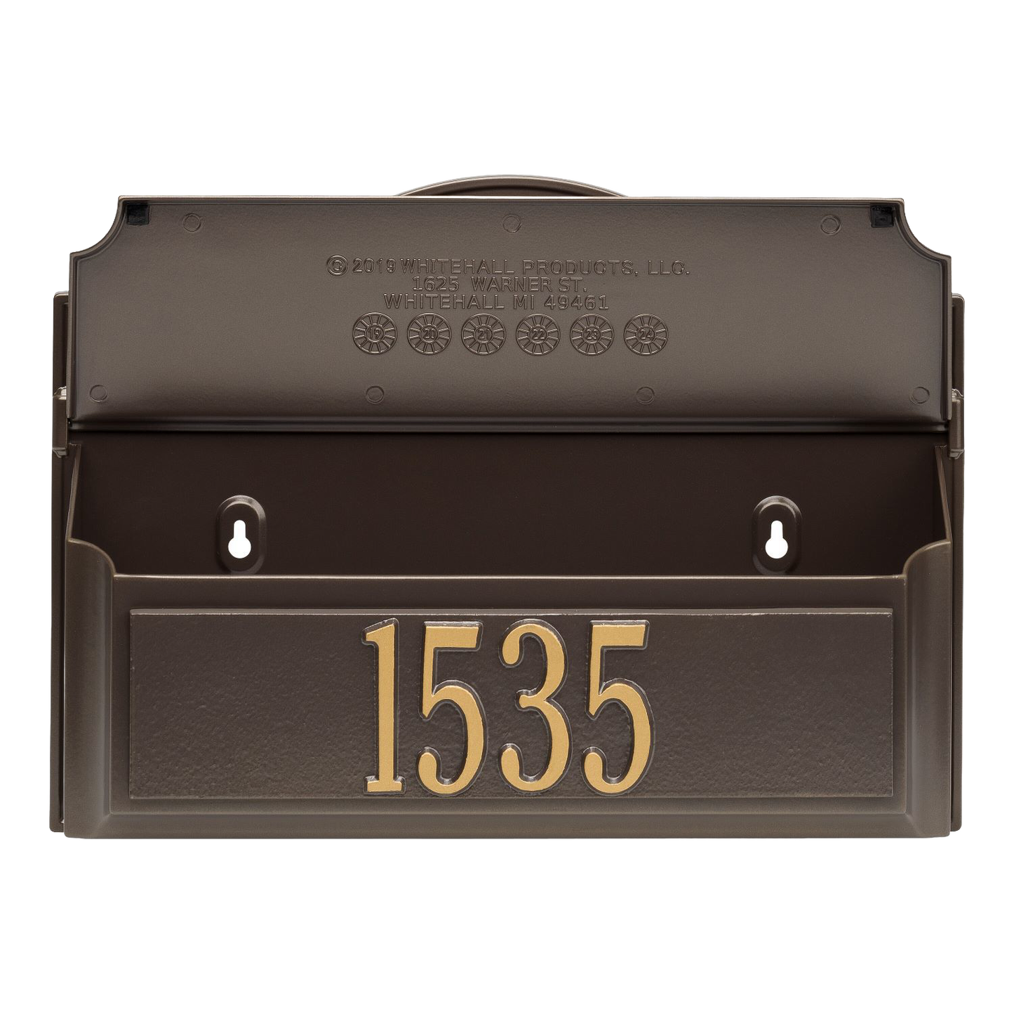 Wall-mounted bronze and gold mailbox with personalized house number 1535, handcrafted in USA, enhancing curb appeal, suitable for Home & Decor and Mailboxes and Address Signs collections.