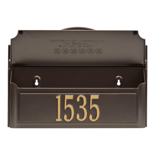 Wall-mounted bronze and gold mailbox with personalized house number 1535, handcrafted in USA, enhancing curb appeal, suitable for Home & Decor and Mailboxes and Address Signs collections.