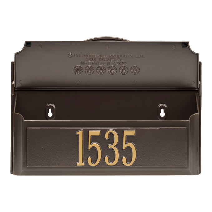 Wall-mounted bronze and gold mailbox with personalized house number 1535, handcrafted in USA, enhancing curb appeal, suitable for Home & Decor and Mailboxes and Address Signs collections.