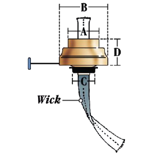 Diagram of a burner component for oil lanterns with labeled measurements highlighting wick placement, suitable for lamps, camping, emergency supplies, and replacement parts collections.