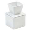 White porcelain butter keeper with a square base and matching lid, designed to keep butter soft without refrigeration, ideal for kitchen storage and serving.