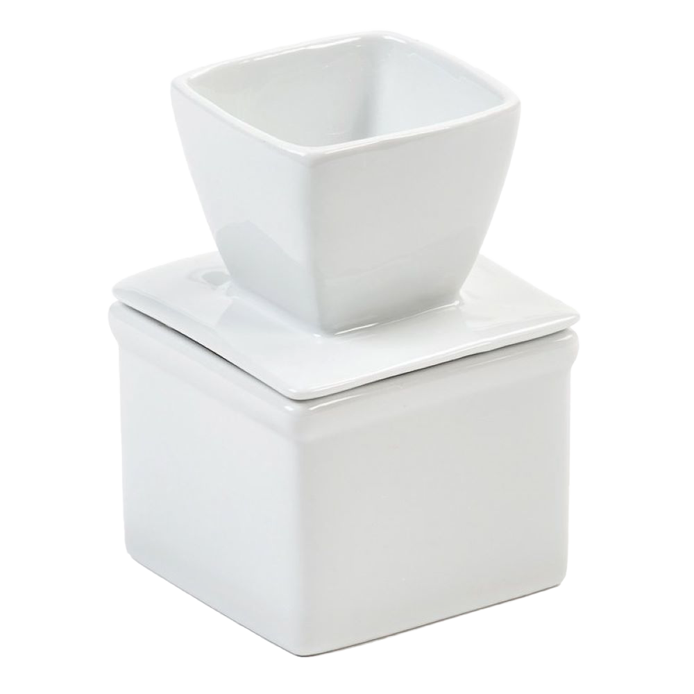 White porcelain butter keeper with a square base and matching lid, designed to keep butter soft without refrigeration, ideal for kitchen storage and serving.