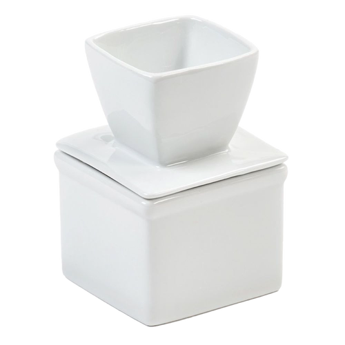White porcelain butter keeper with a square base and matching lid, designed to keep butter soft without refrigeration, ideal for kitchen storage and serving.