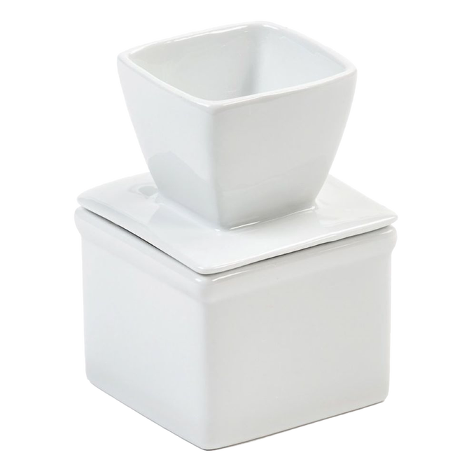 White porcelain butter keeper with a square base and matching lid, designed to keep butter soft without refrigeration, ideal for kitchen storage and serving.