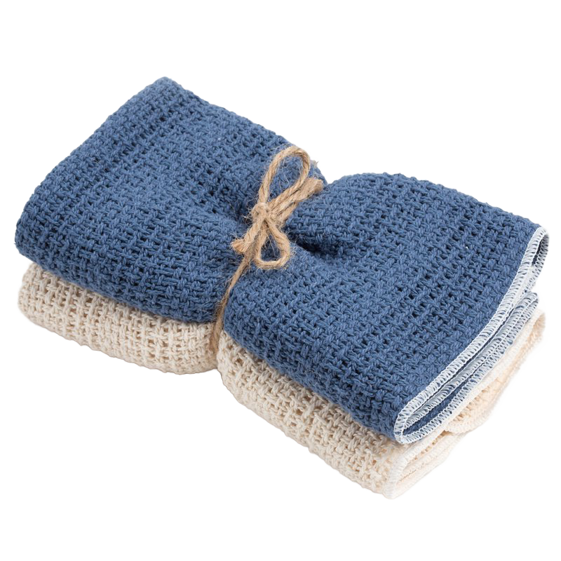 Two loosely woven cotton kitchen towels in blue and natural colors, tied with rustic twine, made in USA and featured in Kitchen & Food, Kitchen Textiles, Best Sellers, and Promo Eligible collections.