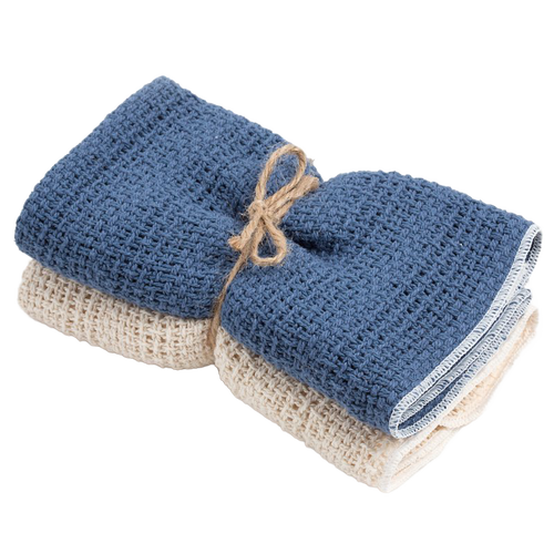 Two loosely woven cotton kitchen towels in blue and natural colors, tied with rustic twine, made in USA and featured in Kitchen & Food, Kitchen Textiles, Best Sellers, and Promo Eligible collections.
