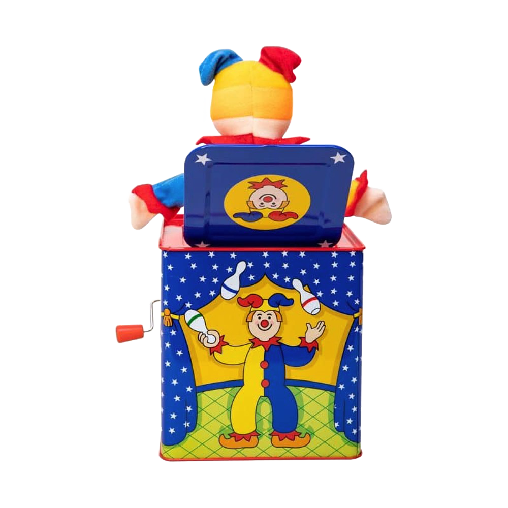 Handcrafted brightly painted musical jack-in-the-box with colorful jester figure, playing Pop Goes the Weasel, ideal for Toys, Books & Games, Children's Toys, Indoor Play, and Best Sellers collections.