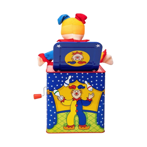 Handcrafted brightly painted musical jack-in-the-box with colorful jester figure, playing Pop Goes the Weasel, ideal for Toys, Books & Games, Children's Toys, Indoor Play, and Best Sellers collections.