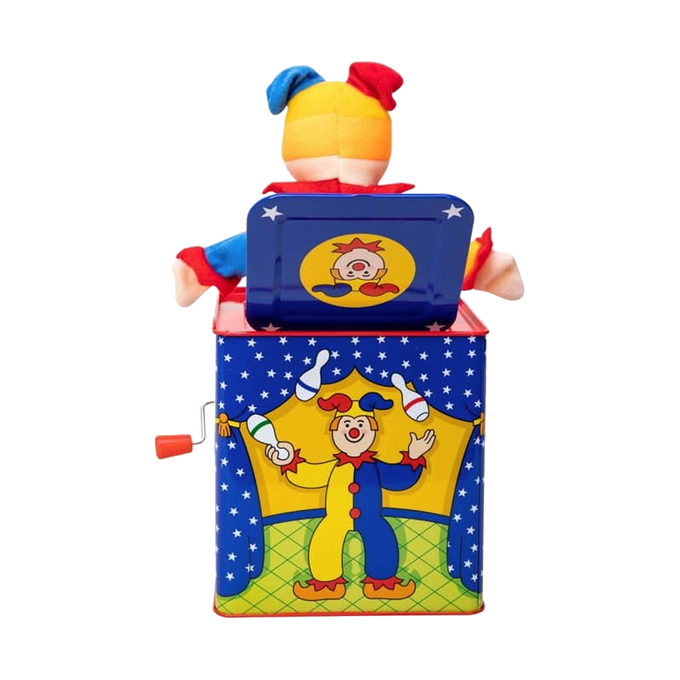 Handcrafted brightly painted musical jack-in-the-box with colorful jester figure, playing Pop Goes the Weasel, ideal for Toys, Books & Games, Children's Toys, Indoor Play, and Best Sellers collections.
