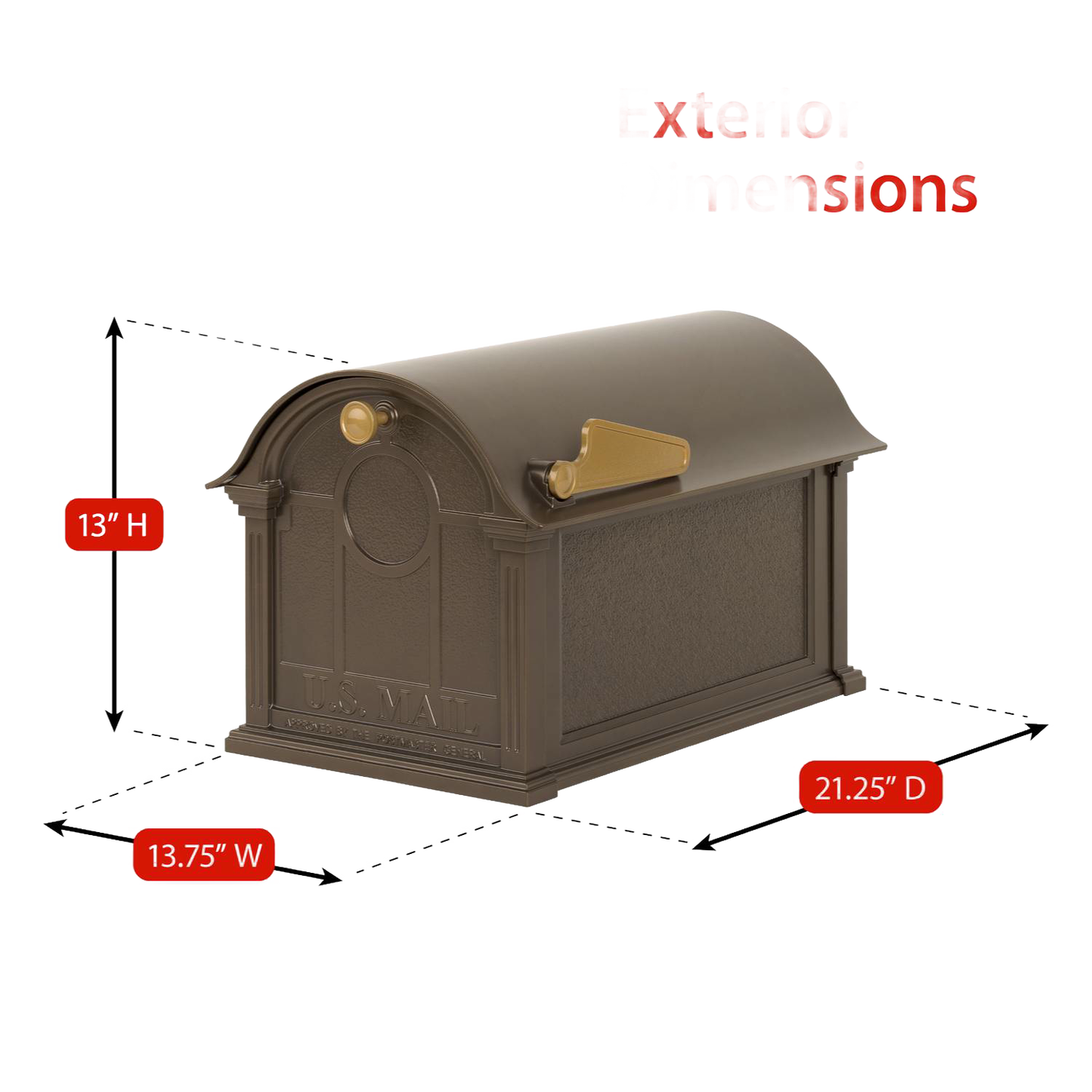 Handcrafted bronze and gold mailbox with traditional curved-top design, featuring detailed embossed panels and a raised flag, enhancing curb appeal in Home & Decor and USA Made collections.