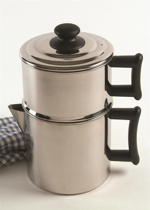 Stainless steel non-electric drip coffee maker with black handles and lid knob, designed for sustainable brewing, suitable for Farm, Garden & Tool, Kitchen & Food, and Homesteading collections.