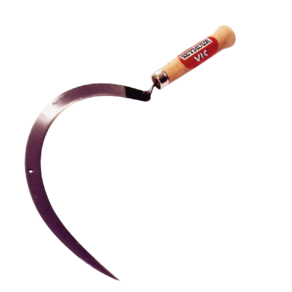 Handcrafted grass sickle featuring a fine Austrian steel curved blade with a hand-ground edge and smooth hardwood handle, designed for farm, garden, and lawncare tasks.
