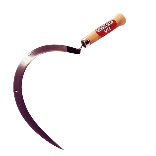Handcrafted grass sickle featuring a fine Austrian steel curved blade with a hand-ground edge and smooth hardwood handle, designed for farm, garden, and lawncare tasks.