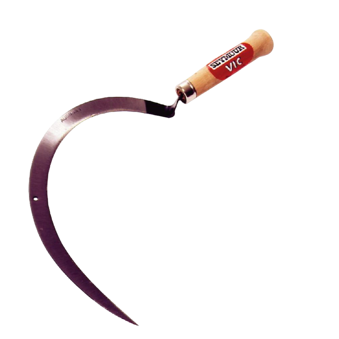 Handcrafted grass sickle featuring a fine Austrian steel curved blade with a hand-ground edge and smooth hardwood handle, designed for farm, garden, and lawncare tasks.