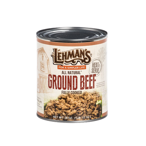 Rustically designed can of Lehman's handcrafted all natural fully cooked ground beef, perfect for quick meals in Kitchen & Food, Food, Meats, Best Sellers, and Promo Eligible collections.