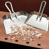 Two rustproof aluminum dustpans with hanging loops, featuring reinforced corners and flat-lying design, resting on a wooden surface with light wood shavings, ideal for Home & Decor and Household Cleaning collections.