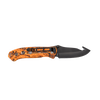 Compact pocket knife featuring an anodized black blade with gut hook and a camo-patterned orange handle, perfect for camping, hunting, and farm tool use.