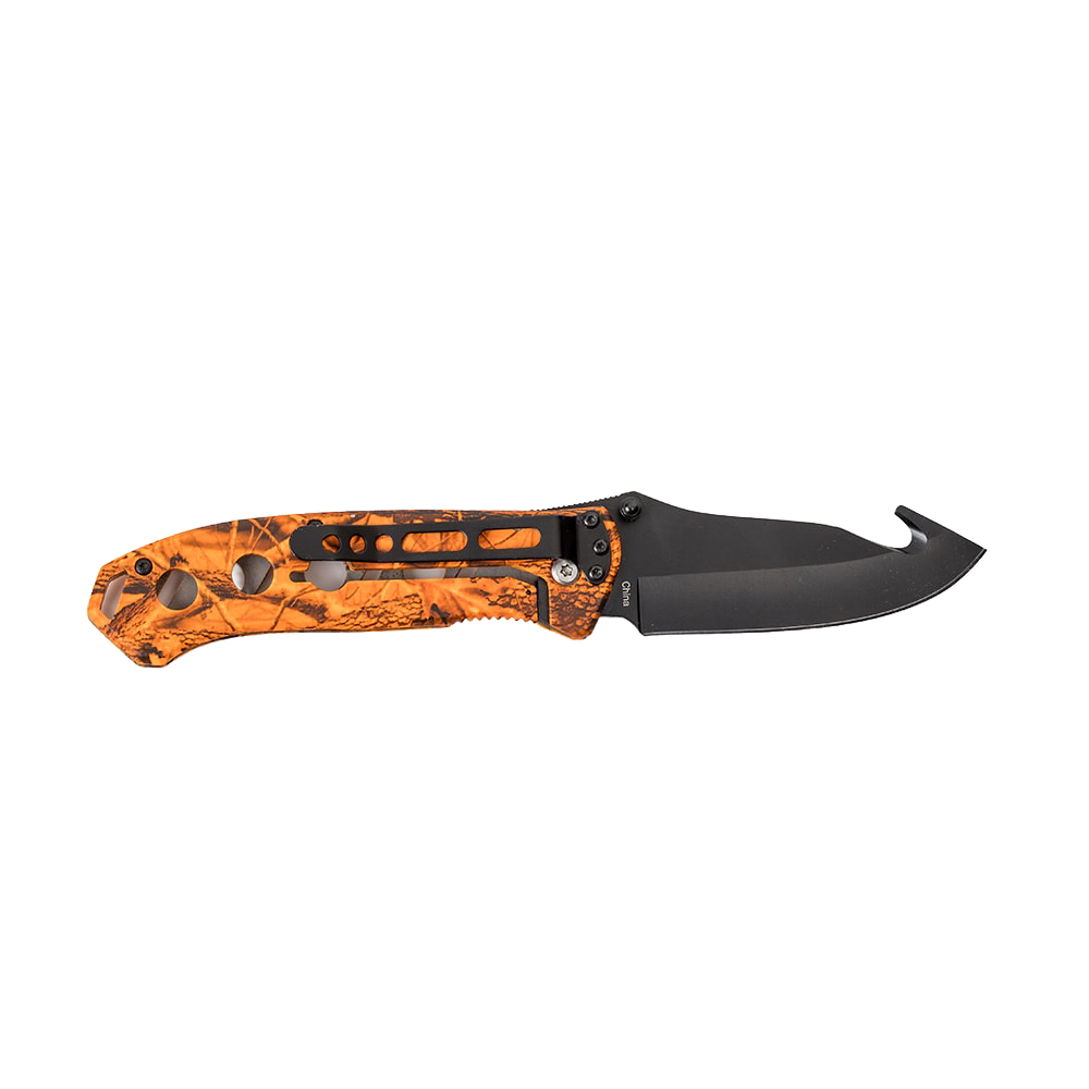 Compact pocket knife featuring an anodized black blade with gut hook and a camo-patterned orange handle, perfect for camping, hunting, and farm tool use.